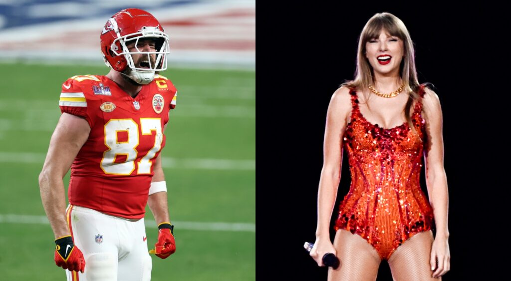 Travis Kelce during a Super Bowl 58 and Taylor Swift performing