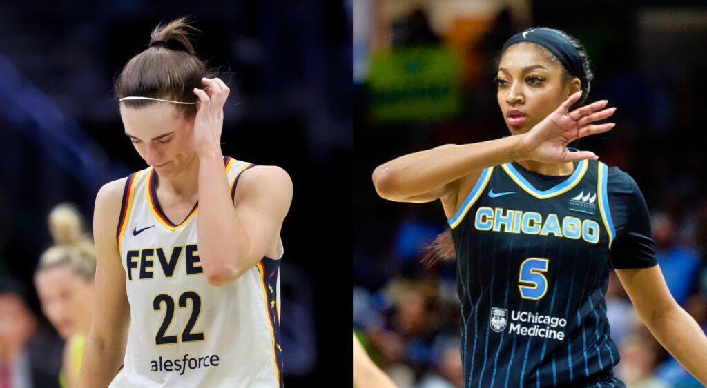 Photos of Caitlin Clark and Angel Reese in their respective team uniforms