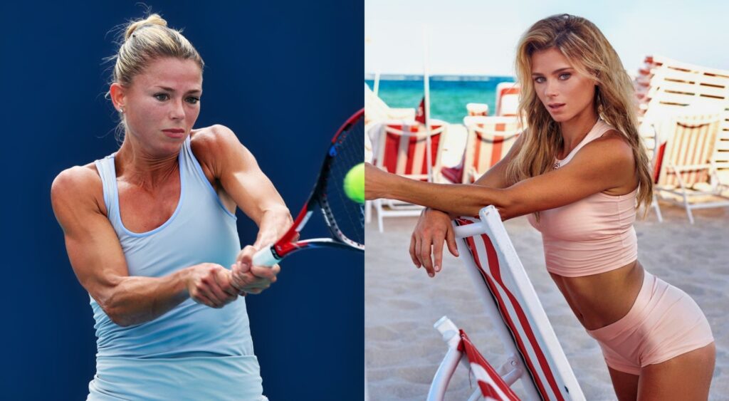 Camila Giorgi playing Tennis and Camila Giorgi posing on chair