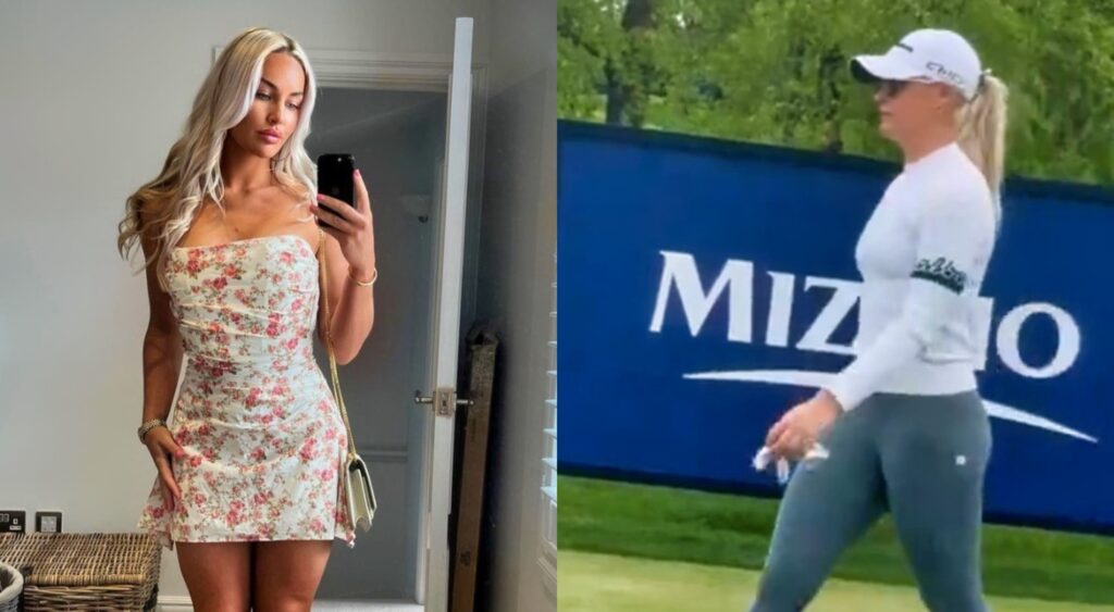 Charley Hull in a dress and Charley Hull walking on the golf course.