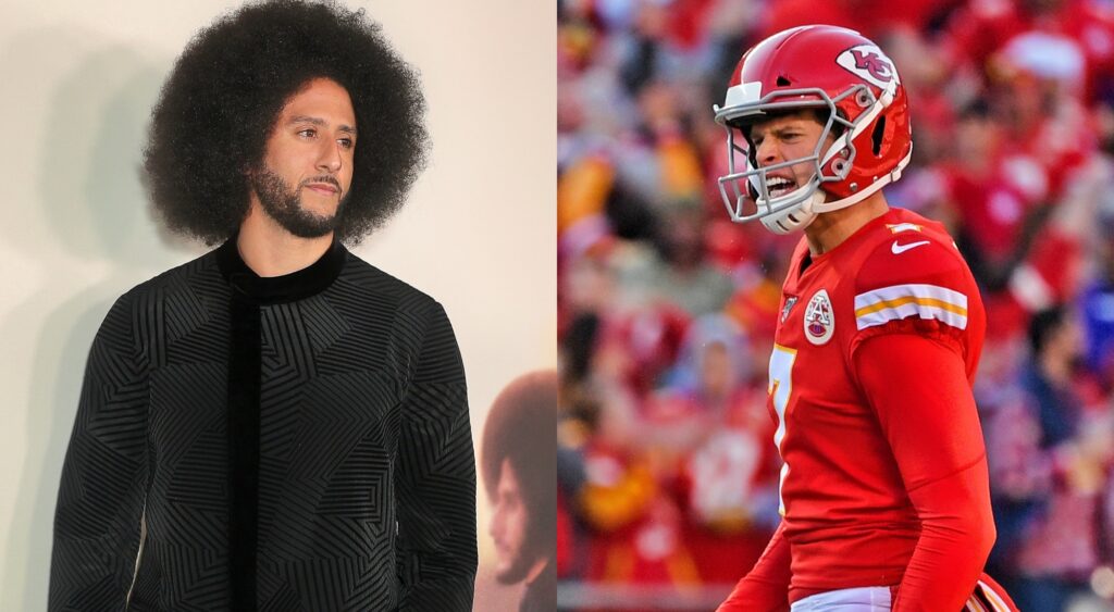Colin Kaepernick looks on and Harrison Butker on the field during a game.