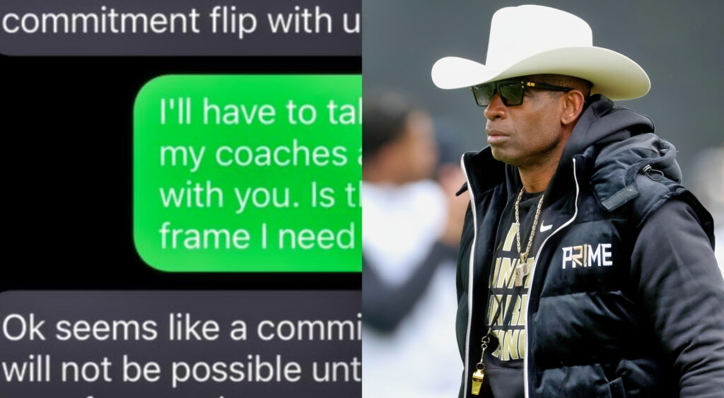 Photo of text message screenshot and photo of Colorado Buffaloes head coach Deion Sanders