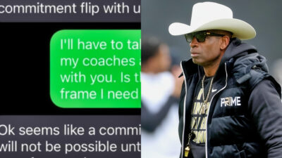 Photo of text message screenshot and photo of Colorado Buffaloes head coach Deion Sanders