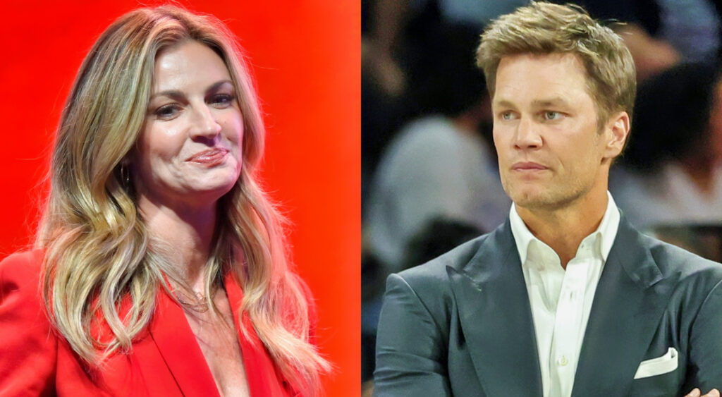 Erin Andrews smiling (Left) and Tom Brady wearing suit (Right)