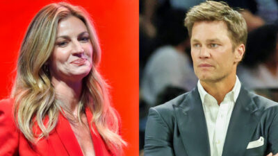 Erin Andrews smiling (Left) and Tom Brady wearing suit (Right)