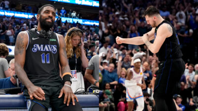 Kyrie Irving and Luka Doncic celebrate