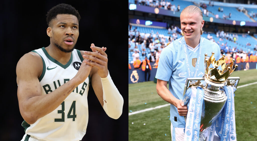 Giannis Antetokounmpo congratulates Erling Haaland