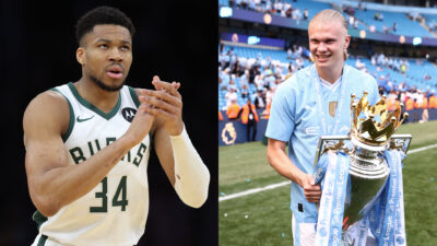 Giannis Antetokounmpo congratulates Erling Haaland