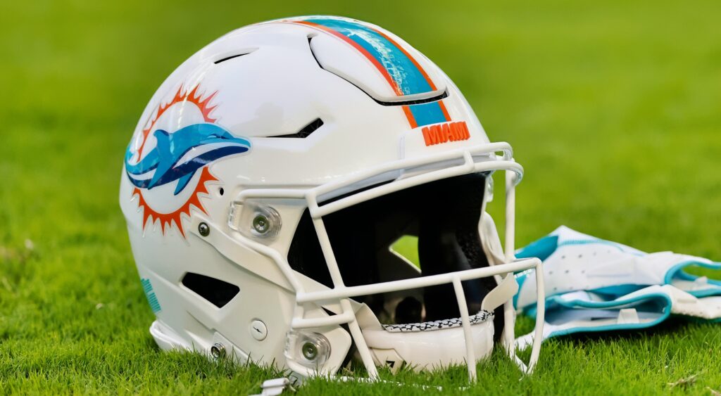 Miami Dolphins helmet on the field. DaVante Parker recorded 1,202 yards with the Dolphins in 2019.