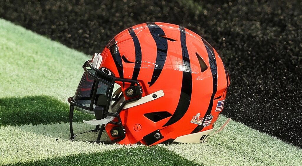 Cincinnati Bengals helmet on the field. Former Bengal Thaddeus Moss announced his retirement.
