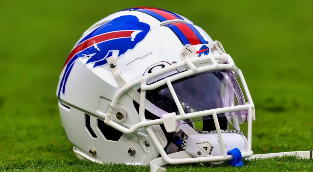 Buffalo Bills helmet on the field. The team just signed former Olympic gold medalist Gable Steveson.