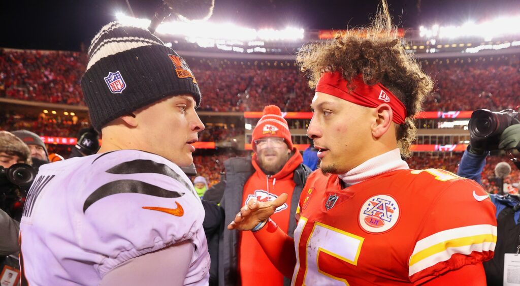 Joe Burrow and Patrick Mahomes talking after game.