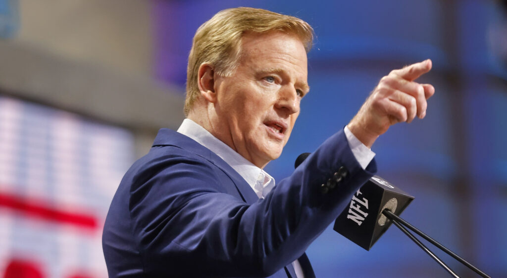 Photo of Roger Goodell speaking for article on NFL offseason