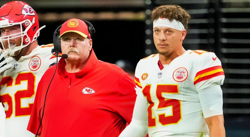 Andy Reid and Patrick Mahomes of Kansas City Chiefs looking on.