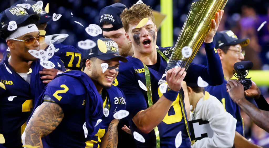 Michigan players celebrating national title win at the end of the College Football Playoff