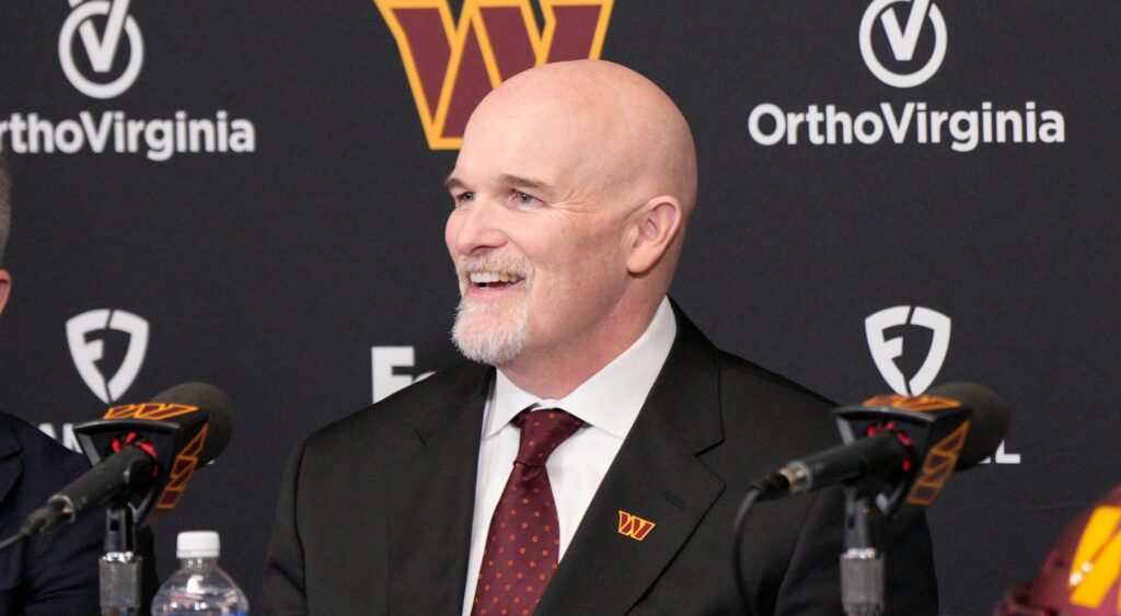 Dan Quinn at his introductory press conference for the Commanders