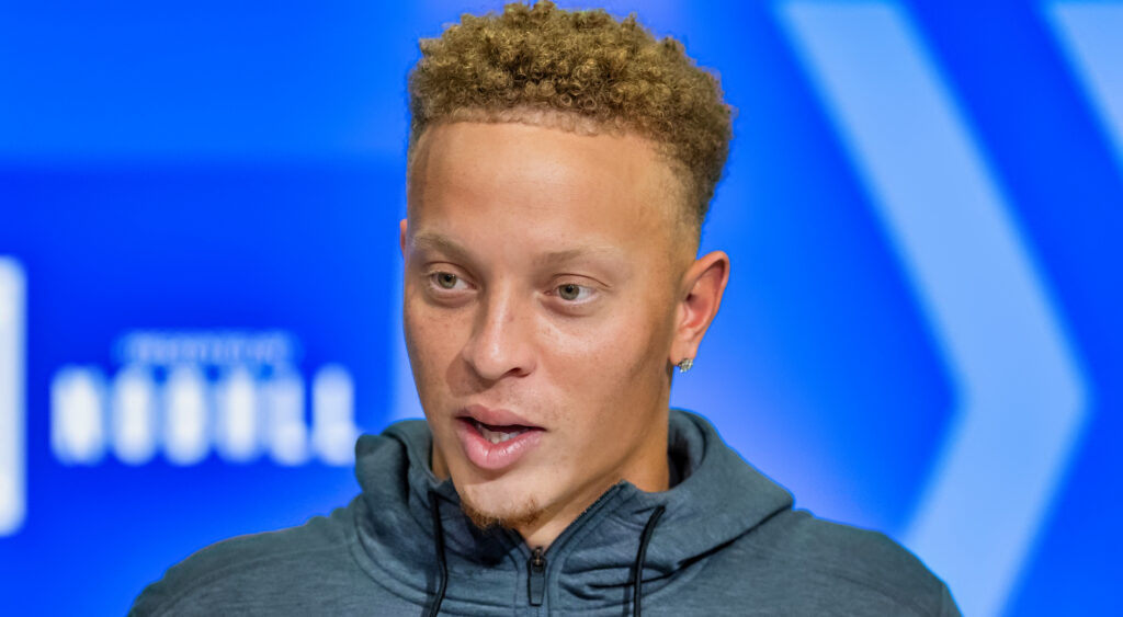 Spencer Rattler speaking to reporters at NFL Scouting Combine