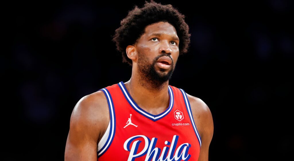 Joel Embiid of the Philadelphia 76ers looks on during a game.