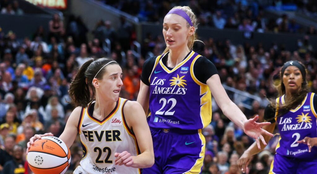 Caitlin Clark dribbling (left). Cameron Brink defending (right).