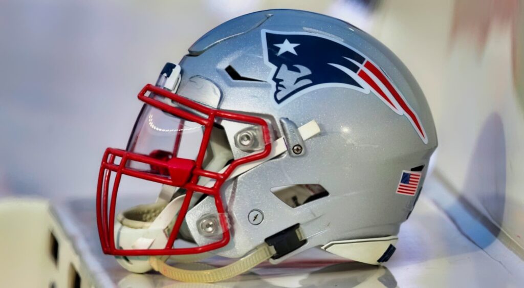 New England Patriots helmet shown on sideline