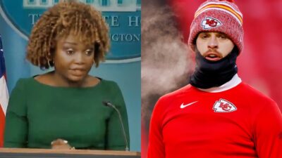 Harrison Butker in warmup gear and Karine Jean-Pierre speaking to reporters