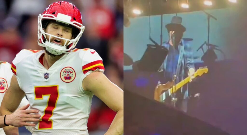 Harrison Butker in uniform. Pearl Jam singer at concert.