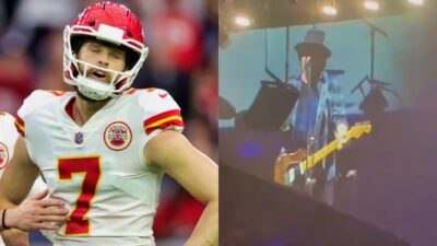 Harrison Butker in uniform. Pearl Jam singer at concert.