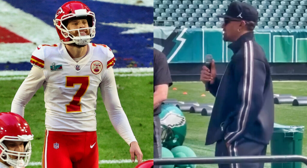 Photo of Harrison Butker in Chiefs uniform and photo of Jalen Hurts speaking into mic