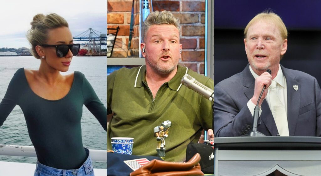 Hayden Hopkins looks on from a boat, Pat McAfee on his show, and Mark Davis speaks from a podium.