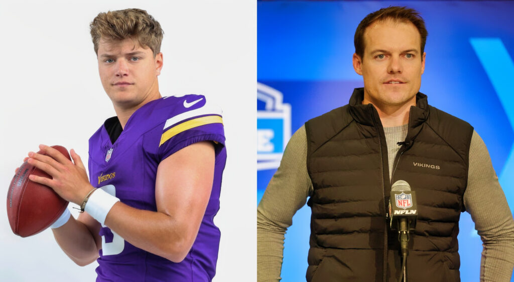 JJ McCarthy olding football (left) and Kevin O'Connell speaking into mic (right)