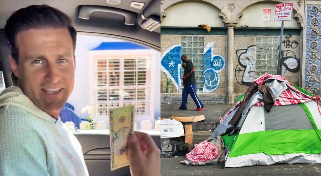 Johnny McEntee holding up money and a homeless tent in Los Angeles.