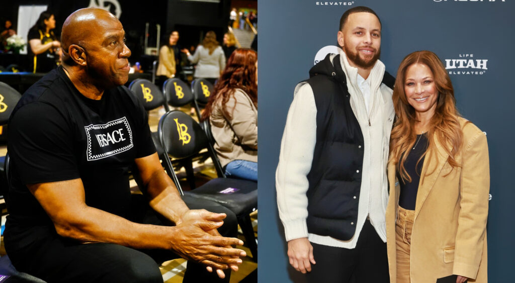 Photo of Magic Johnson sitting down and photo of Steph Curry posing with his mother Sonya Curry