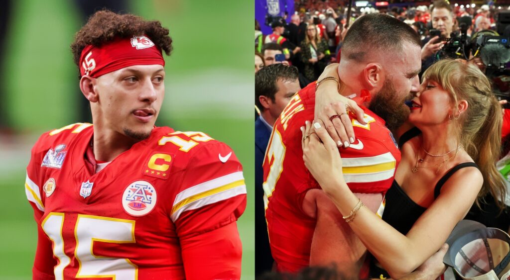 Patrick Mahomes looking on (left). Travis Kelce embracing Taylor Swift (right).