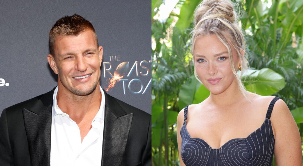 Rob Gronkowski on the red carpet and Camille Kostek posing for the camera.