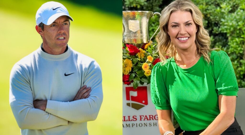 Rory McIlroy on golf course and Amanda Balionis posing while seated