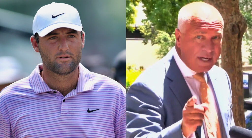 Photo of Scottie Scheffler in Nike shirt and hat and photo of Steven Romines gesturing