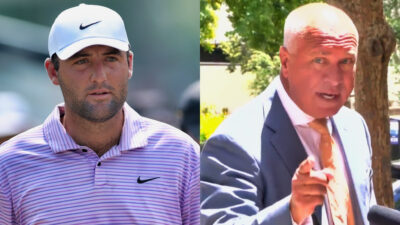 Photo of Scottie Scheffler in Nike shirt and hat and photo of Steven Romines gesturing