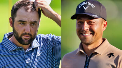 Scottie Scheffler scratching his head (Left) and Xander Schauffele smiling (Right)