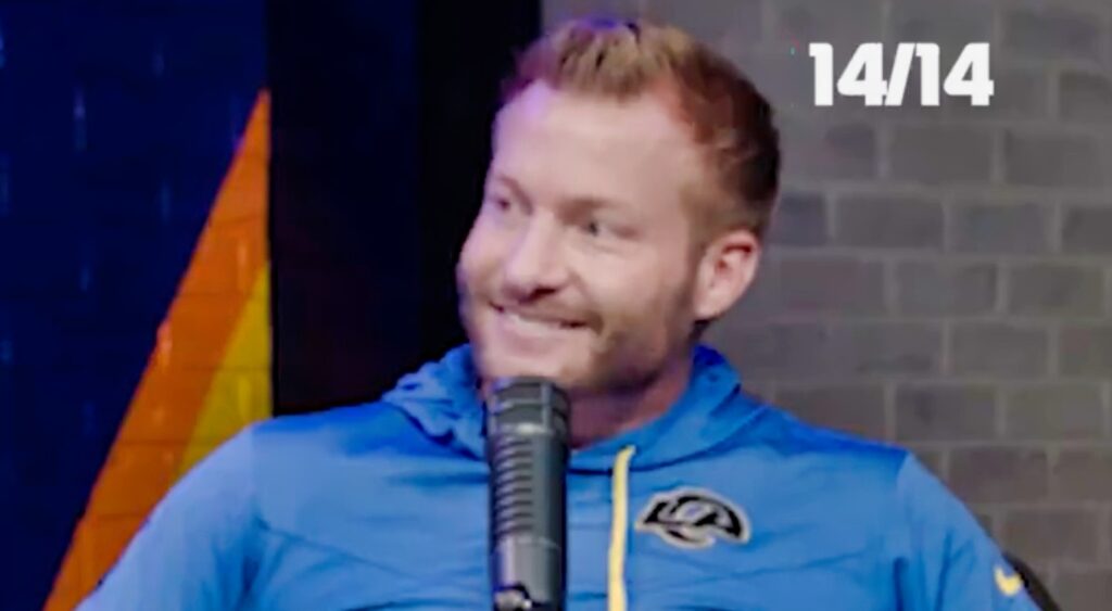 Rams head coach Sean McVay takes part in a trivia contest during the team's schedule release.