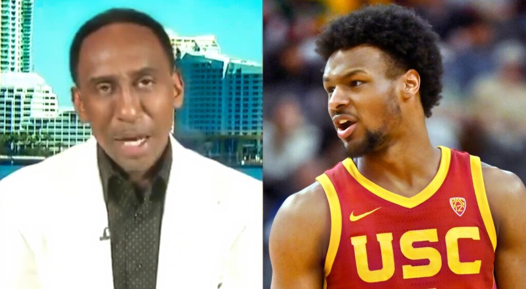 Stephen A. Smith talking on a show and Bronny James looks on during a game.