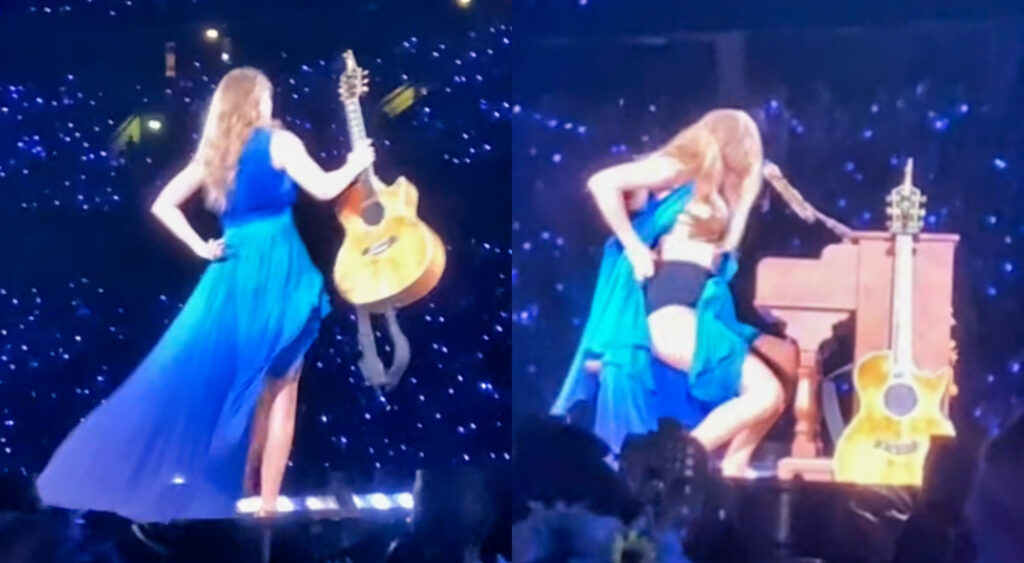 Photos of Taylor Swift fixing her dress