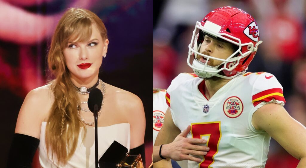 Taylor Swift speaks at award ceremony and Harrison Butker looks on after missing a field-goal.