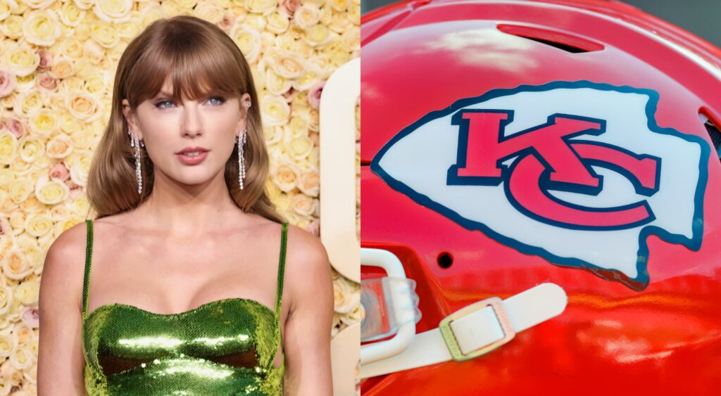 Taylor Swift posing on the red carpet and the Kansas City Chiefs logo on a helmet.
