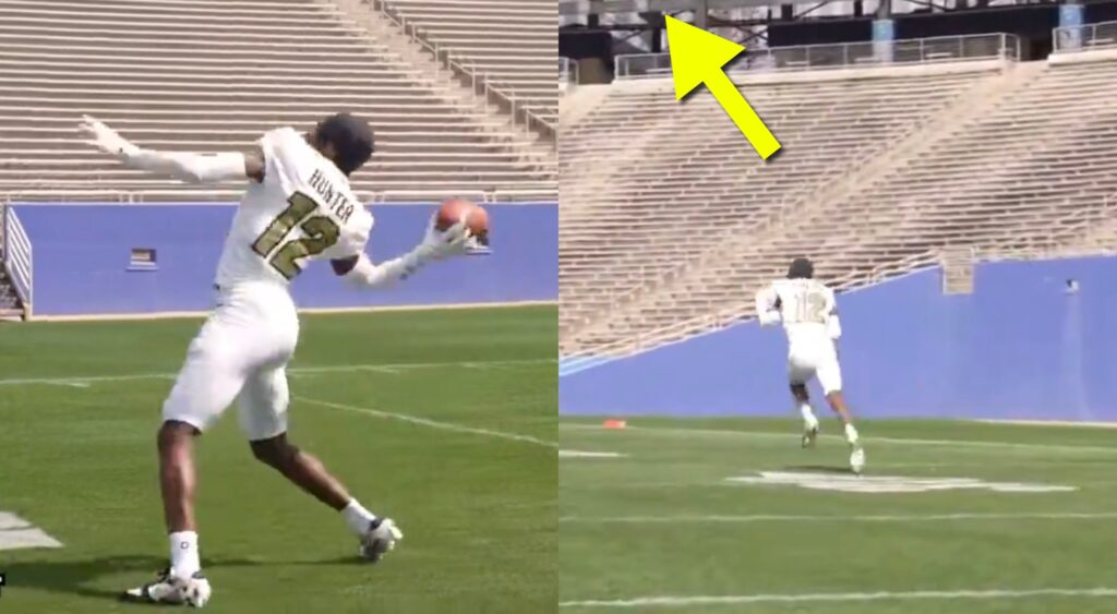 Travis Hunter throws a ball then tried to run and catch it.