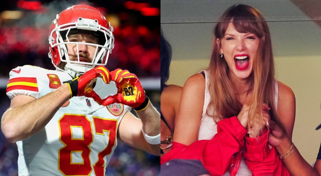 Travis Kelce makes a heart sign with his hands and Taylor Swift screams with joy.