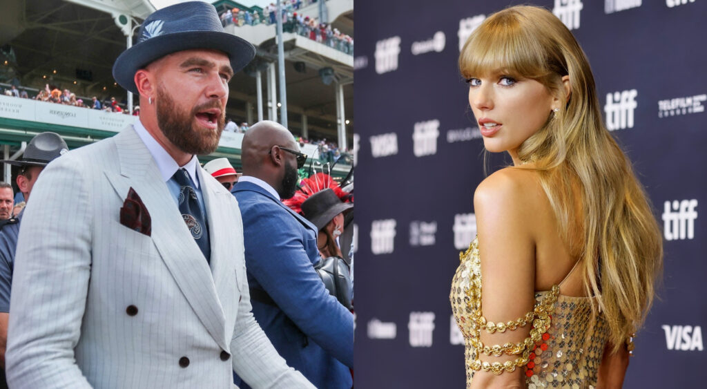 Photo of travis kelce in suit and hat and photo of Taylor Swift in shiny outfit
