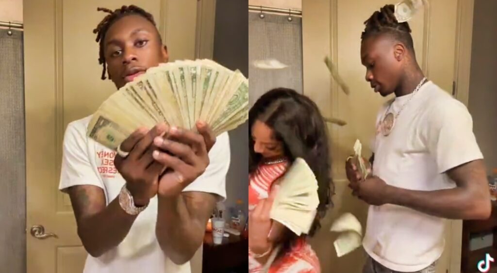 Xavier Worthy showing money with girlfriend
