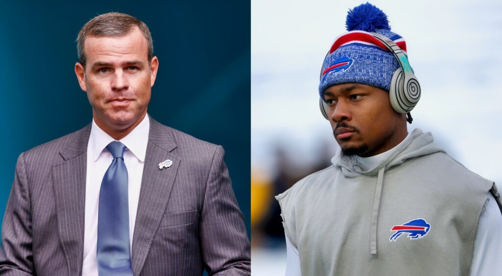 Buffalo Bills GM Brandon Beane (left) and wide receiver Stefon Diggs (right) both looking on.