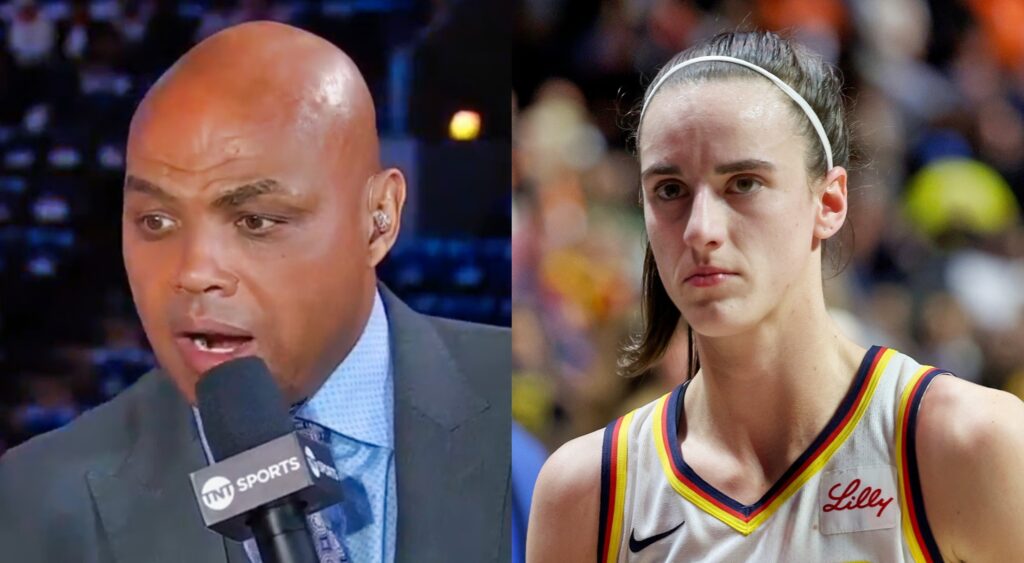 Charles Barkley speaking on TNT (left). Caitlin Clark looks on (right).