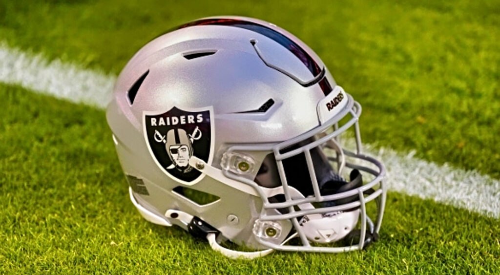 Las Vegas Raiders helmet shown on field.